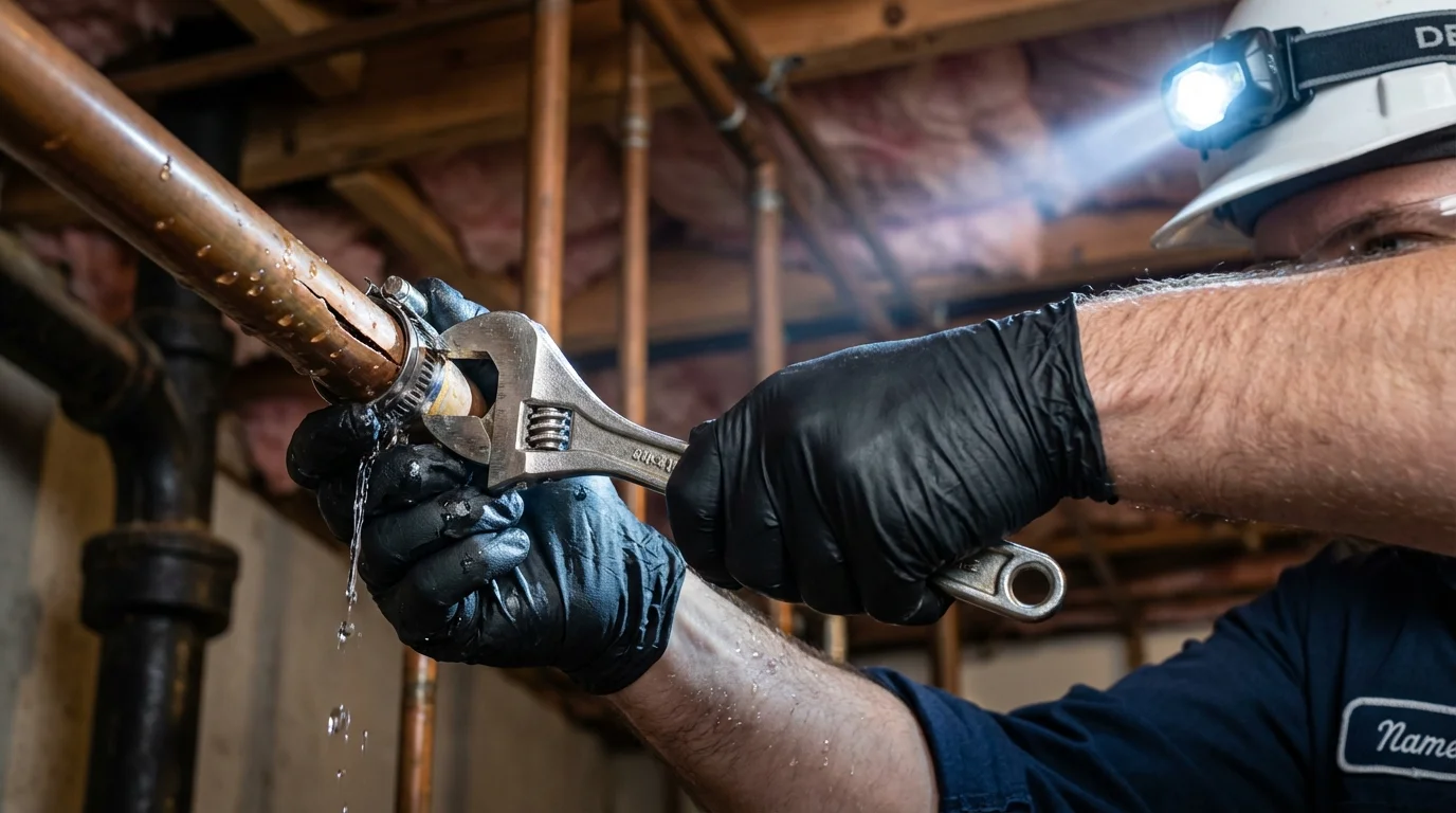 Emergency pipe clamp repair being performed by a Johns Plumbing LLC plumber in Claymont