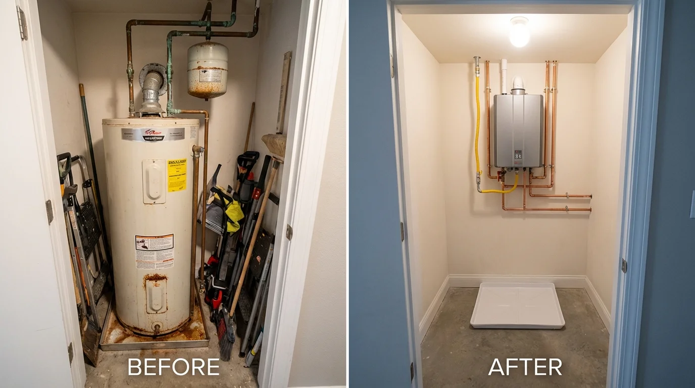 Tank water heater versus wall-mounted tankless unit comparison for Claymont, DE homeowners