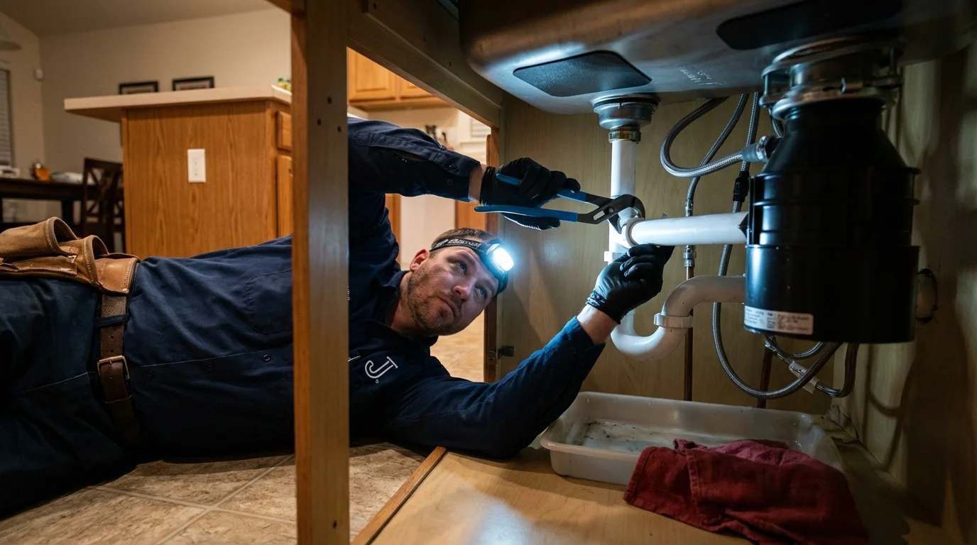 P-trap and supply line connections under a kitchen sink showing a common leak point in Claymont, DE